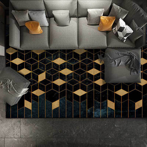 Funky Geometric Print Rug Black and Yellow Modern Rug Polyester Washable Non-Slip Back Rug for Living Room | Bowlift