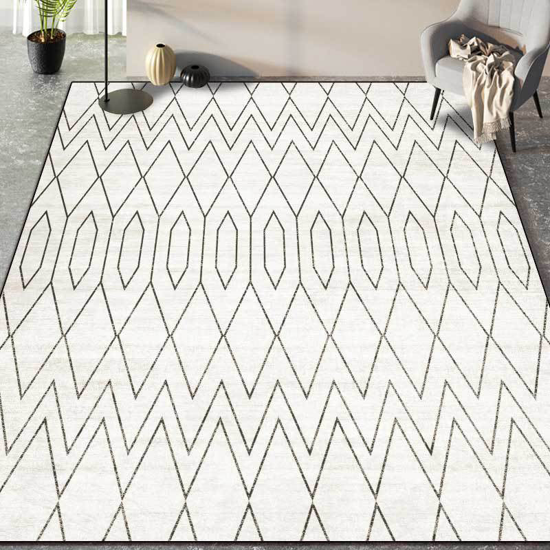 Minimalist modern carpet in white geometric diamond wave pattern carpet polyester machine washable carpet for home decoration | Bowlift