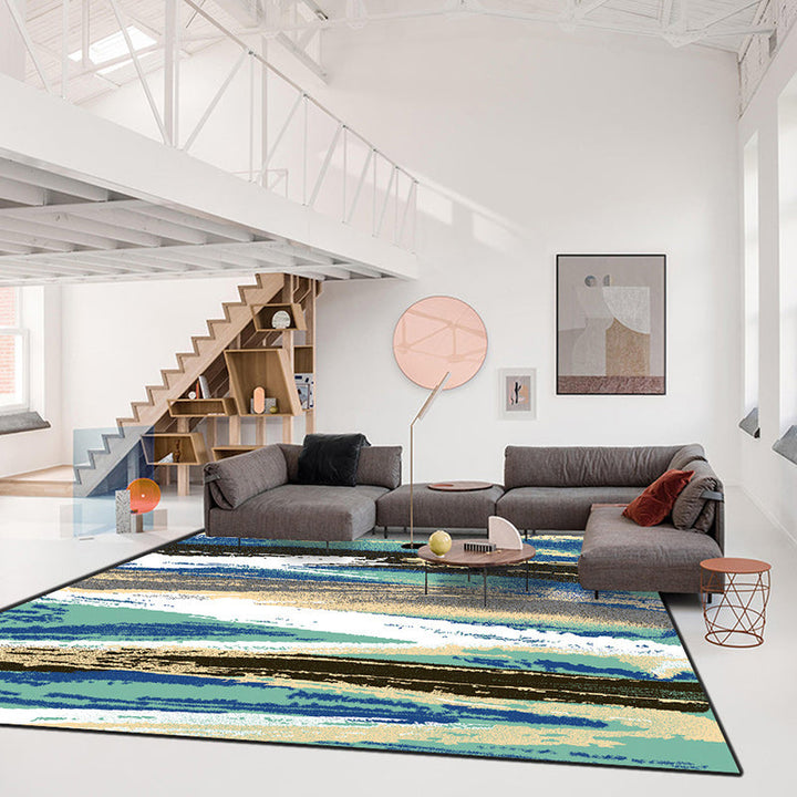 Stylish brushstroke painting print rug green and brown leisure rug polyester washable non-slip backing rug for living room | Bowlift