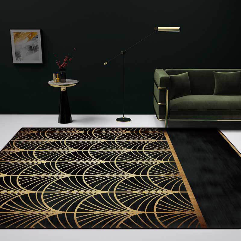 Stylish apricot leaf pattern rug black and gold novelty rug polyester washable non-slip back rug for living room | Bowlift