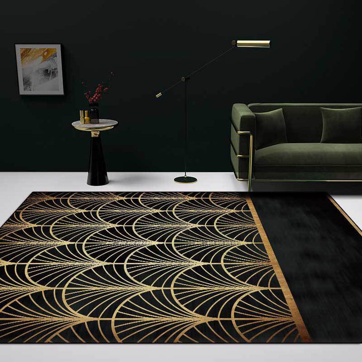Stylish apricot leaf pattern rug black and gold novelty rug polyester washable non-slip back rug for living room | Bowlift