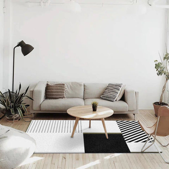 White Bedroom Carpet Modern Color Block Stripes Dots Pattern Area Rug Polyester Machine Washable Non-Slip Rug | Bowlift