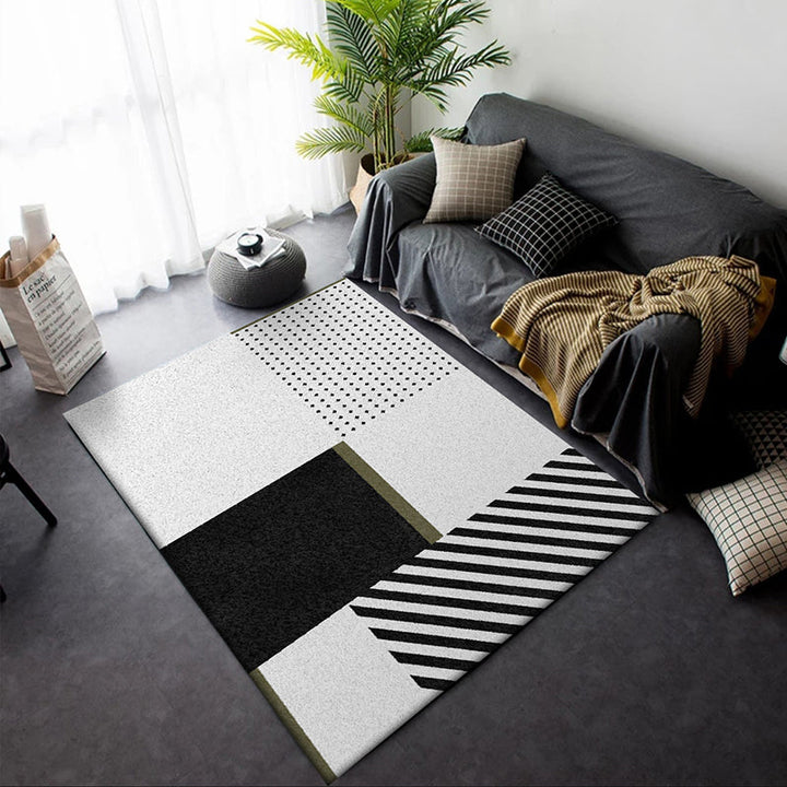 White Bedroom Carpet Modern Color Block Stripes Dots Pattern Area Rug Polyester Machine Washable Non-Slip Rug | Bowlift