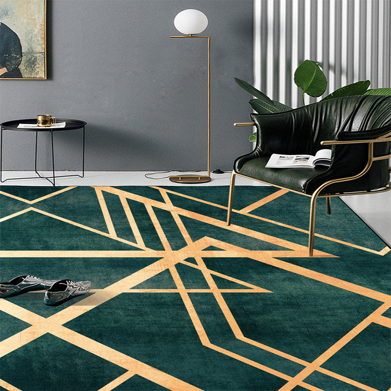 Green Bedroom Rug Modern Geometric Stripe Irregular Shape Pattern Rug Polyester Machine Washable Rug | Bowlift