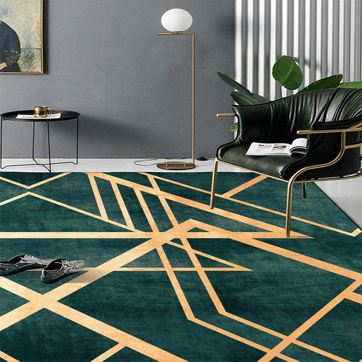Green Bedroom Rug Modern Geometric Stripe Irregular Shape Pattern Rug Polyester Machine Washable Rug | Bowlift