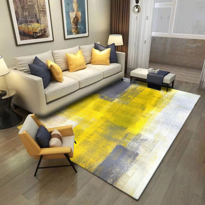 Yellow and gray contemporary carpet polyester brushstroke painting printed carpet washable non-slip backing carpet for living room | Bowlift