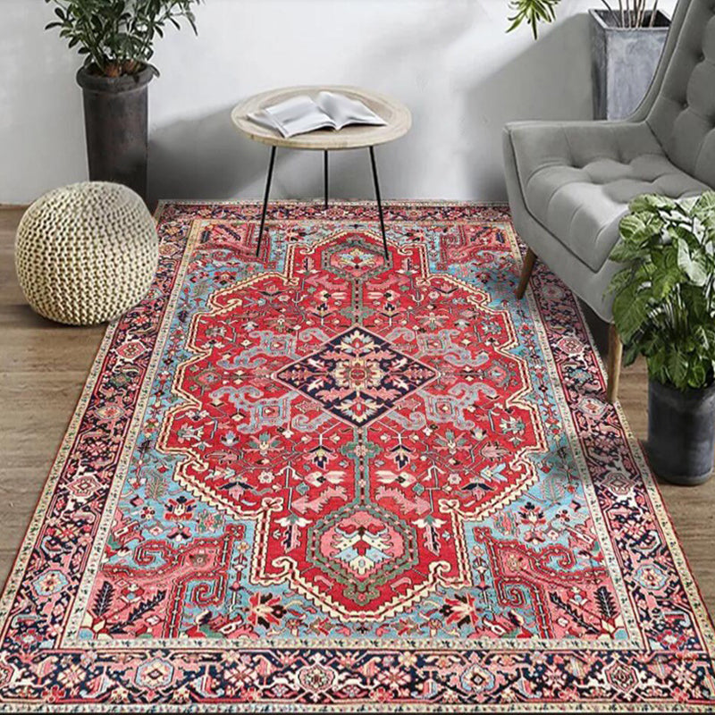 Red bedroom carpet Moroccan medallion floral design carpet polyester pet-friendly non-slip backing carpet | Bowlift
