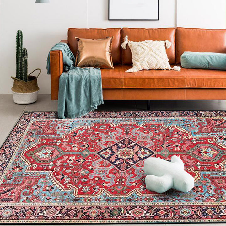 Red bedroom carpet Moroccan medallion floral design carpet polyester pet-friendly non-slip backing carpet | Bowlift