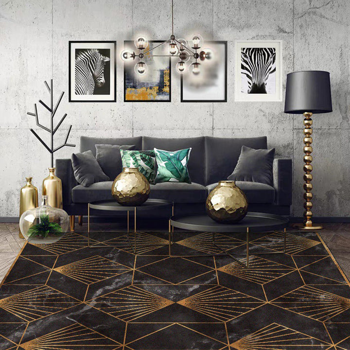 Black and gold modern carpet polyester geometric print carpet washable non-slip backing carpet for living room | Bowlift