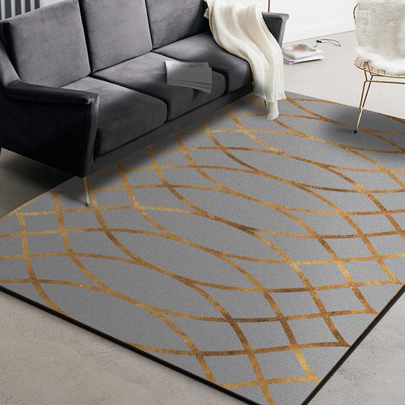 Contemporary geometric pattern rug gray and gold polyester rug machine washable non-slip backing rug for the bedroom | Bowlift