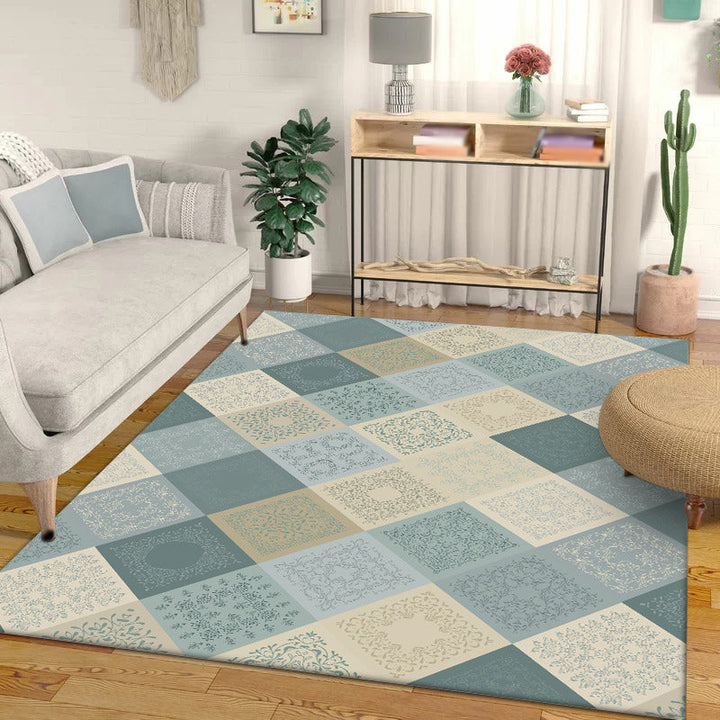 BowLift | Eastern Moroccan rug in yellow and green checked pattern rug polyester non-slip backing rug for home decor