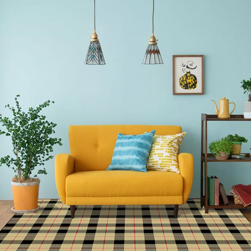 Modern living room carpet in yellow checked dotted line print carpet polyester non-slip backing washable carpet | Bowlift