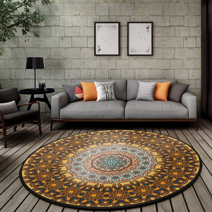 Moroccan living room rug in brown floral round print rug polyester non-slip machine washable rug | Bowlift