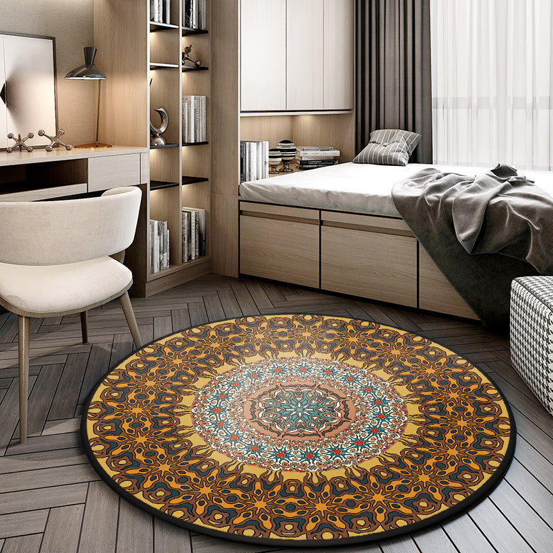 Moroccan living room rug in brown floral round print rug polyester non-slip machine washable rug | Bowlift