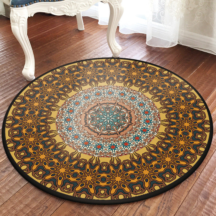 Moroccan living room rug in brown floral round print rug polyester non-slip machine washable rug | Bowlift