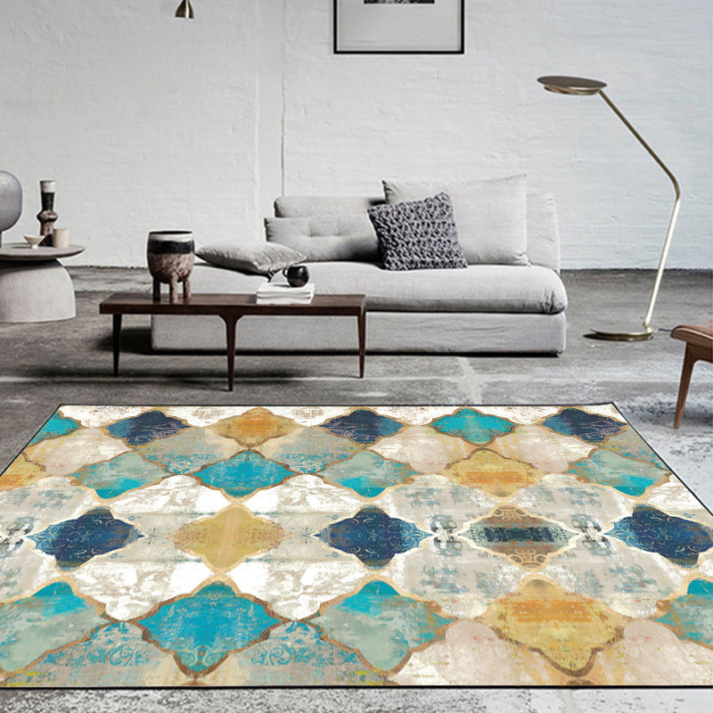 Moroccan living room rug in ivory diamond print rug polyester non-slip backing stain-resistant rug | Bowlift