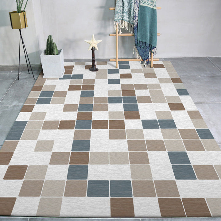Minimalist Modern Rug in Ivory Check Pattern Rug Polyester Washable Non-Slip Rug for Home Decor | Bowlift