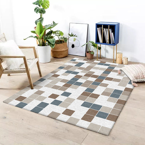 Minimalist Modern Rug in Ivory Check Pattern Rug Polyester Washable Non-Slip Rug for Home Decor | Bowlift