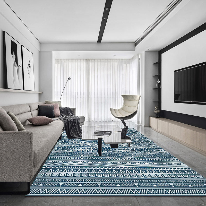 BowLift | Tribal South-West Rug in Blue Stripes Triangle Greek Key Pattern Rug Polyester Non-slip Living Room Rug for Home Decor