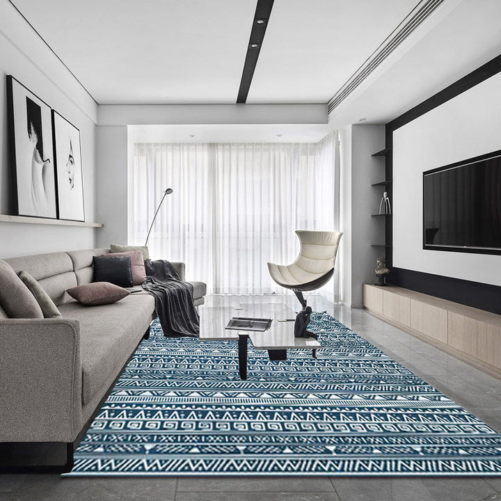 BowLift | Tribal South-West Rug in Blue Stripes Triangle Greek Key Pattern Rug Polyester Non-slip Living Room Rug for Home Decor