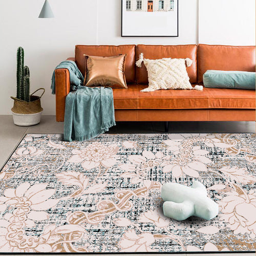 BowLift | Washed white floral patterned carpet with leaf pink shabby chic carpet washable polyester non-slip backing doormat for bedroom