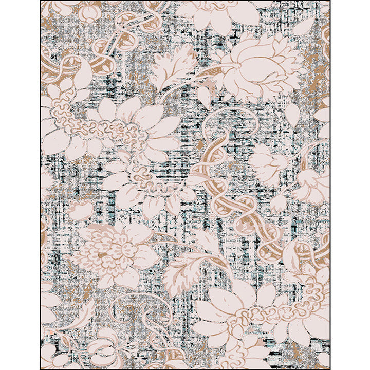 BowLift | Washed white floral patterned carpet with leaf pink shabby chic carpet washable polyester non-slip backing doormat for bedroom