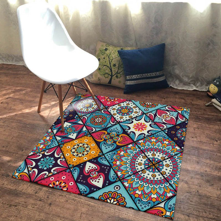 BowLift | Moroccan Living Room Rug Colorful Flowers Diamond Circle Print Rug Polyester Non-Slip Washable Area Rug