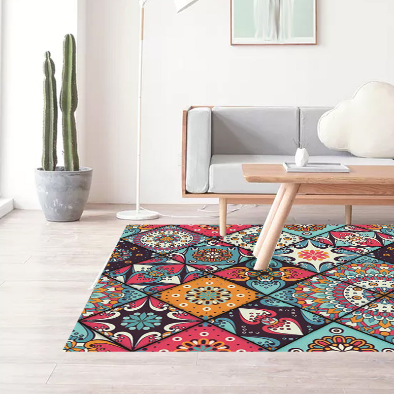 BowLift | Moroccan Living Room Rug Colorful Flowers Diamond Circle Print Rug Polyester Non-Slip Washable Area Rug