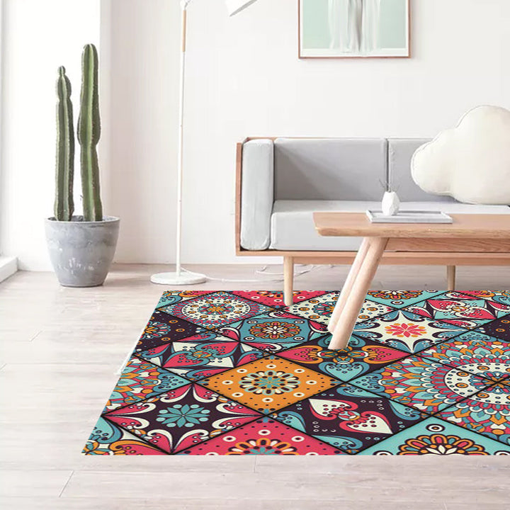BowLift | Moroccan Living Room Rug Colorful Flowers Diamond Circle Print Rug Polyester Non-Slip Washable Area Rug