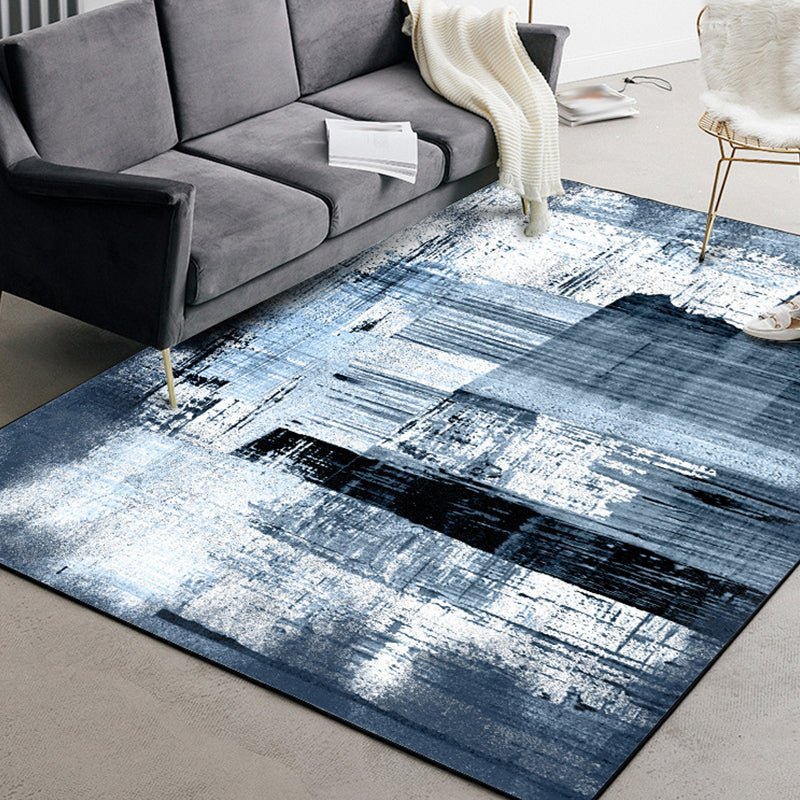 Modern living room rug in blue and white with abstract painting print rug polyester washable area rug | Bowlift