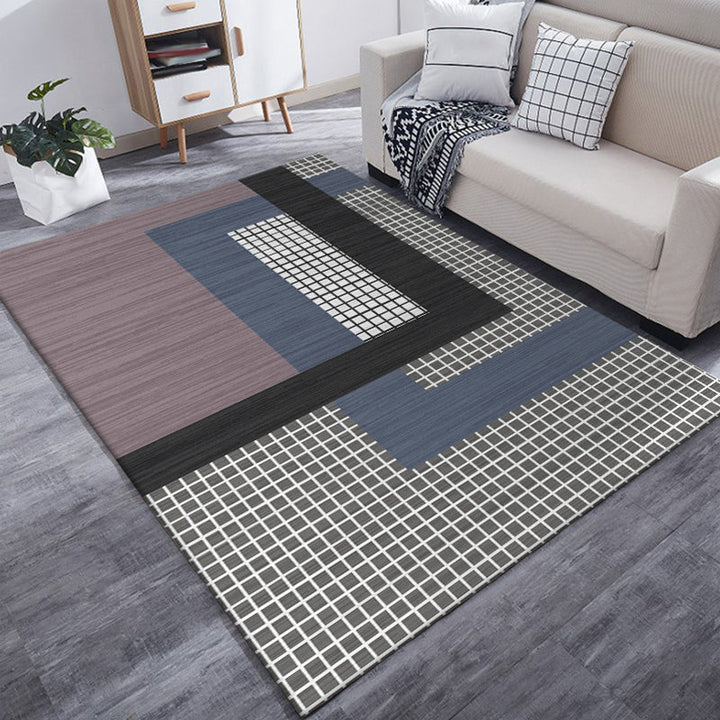 Gray and Purple Bedroom Rug Modern Color Block Small Checkered Pattern Rug Polyester Pet Friendly Rug | Bowlift