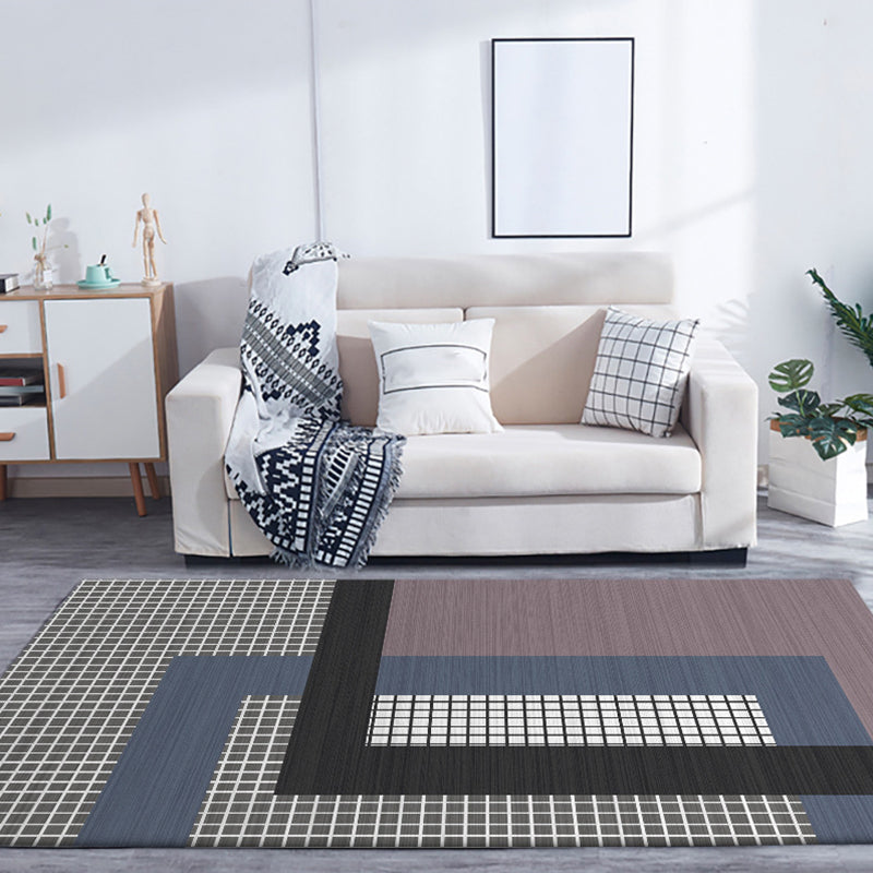 Gray and Purple Bedroom Rug Modern Color Block Small Checkered Pattern Rug Polyester Pet Friendly Rug | Bowlift