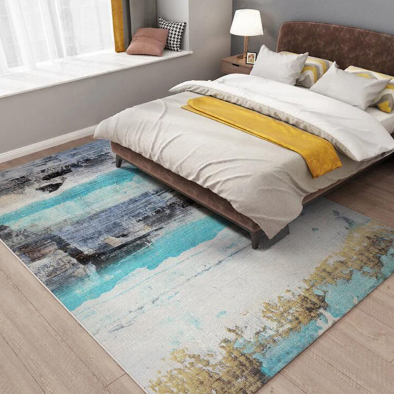Modern living room rug in blue Abstract oil painting print rug Polyester washable stain-resistant area rug | Bowlift