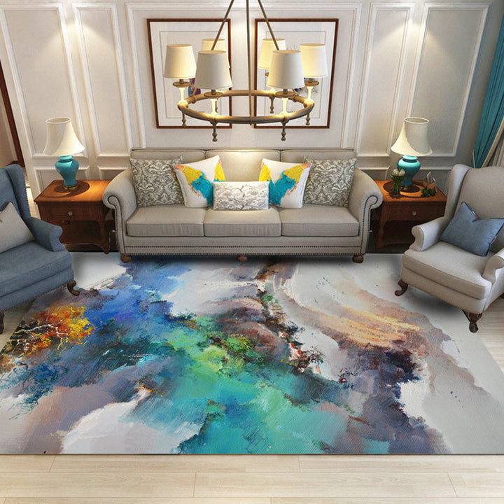 Modern living room rug in Ivory Abstract landscape painting printed rug Polyester machine washable area rug | Bowlift
