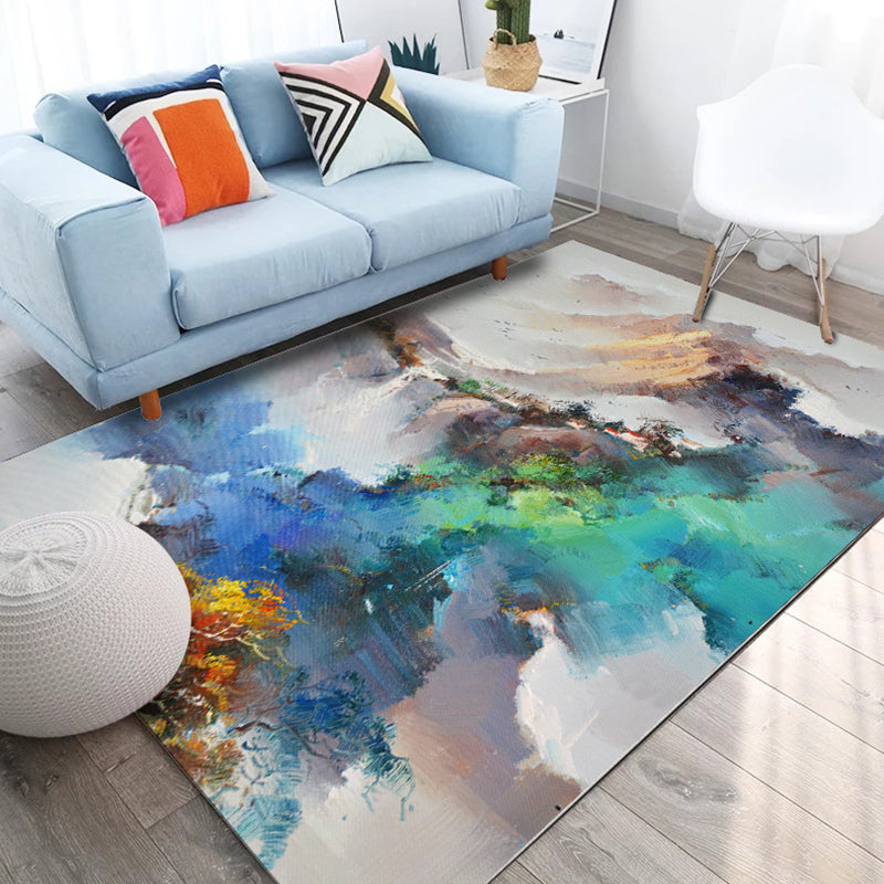 Modern living room rug in Ivory Abstract landscape painting printed rug Polyester machine washable area rug | Bowlift