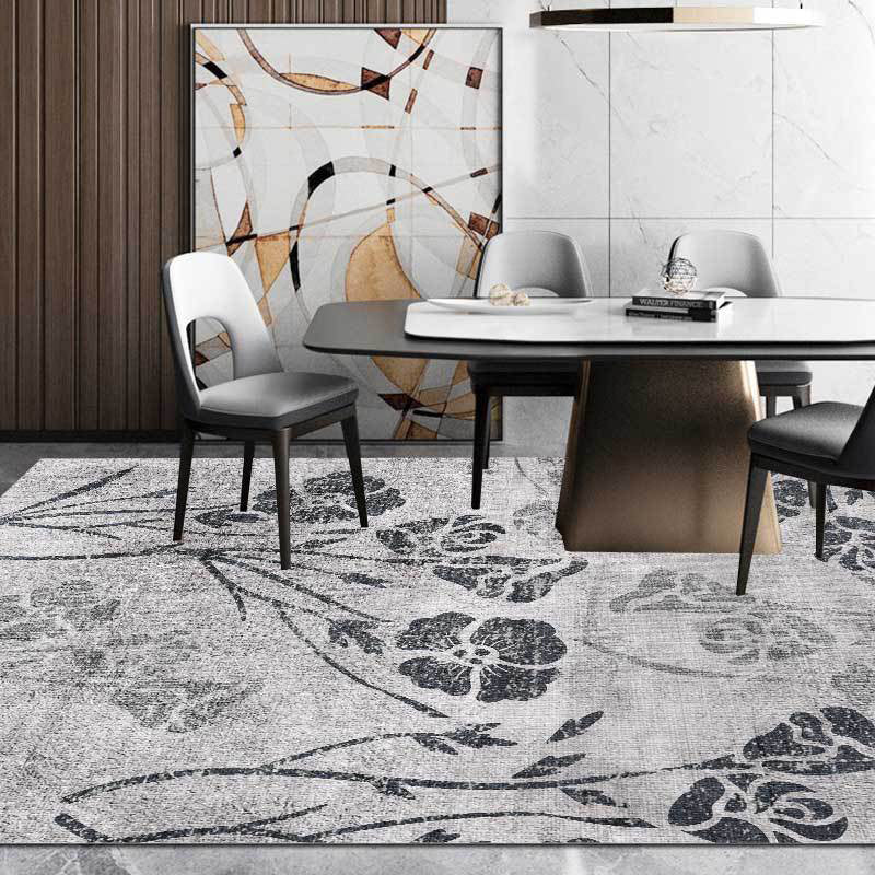 BowLift | Gray Shabby Chic Rug Polyester Floral Pattern Rug Washable Non-Slip Back Rug for Living Room