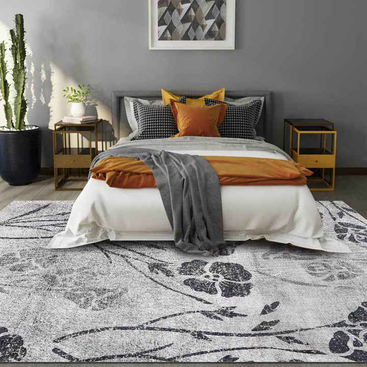BowLift | Gray Shabby Chic Rug Polyester Floral Pattern Rug Washable Non-Slip Back Rug for Living Room