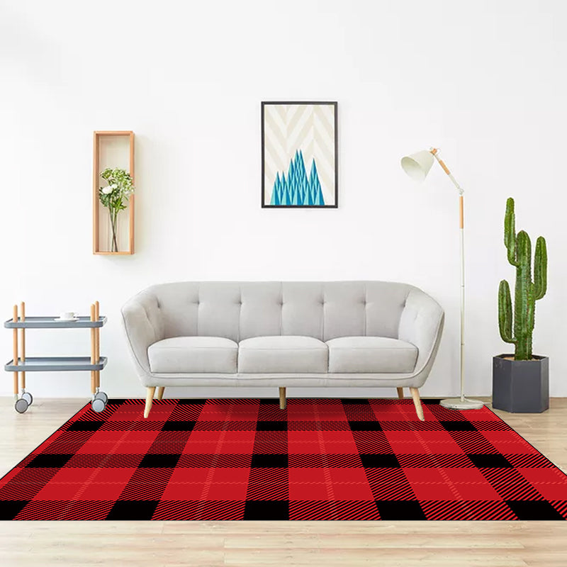 Modern living room rug in brown and red tartan pattern rug polyester pet-friendly area rug | Bowlift
