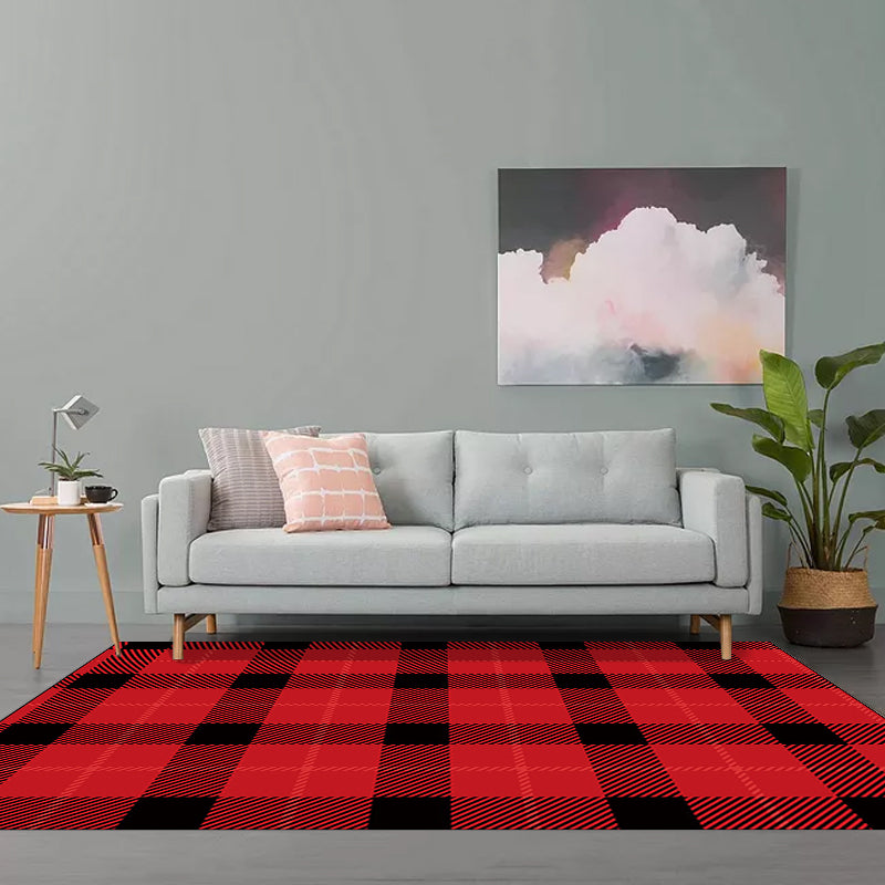 Modern living room rug in brown and red tartan pattern rug polyester pet-friendly area rug | Bowlift