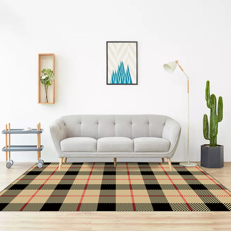 Modern living room rug in brown and red tartan pattern rug polyester pet-friendly area rug | Bowlift