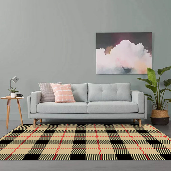 Modern living room rug in brown and red tartan pattern rug polyester pet-friendly area rug | Bowlift