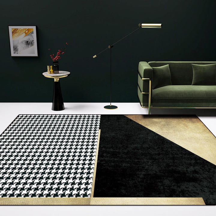 Black Bedroom Rug Modern Color Block Houndstooth Pattern Rug Polyester Pet Friendly Rug | Bowlift