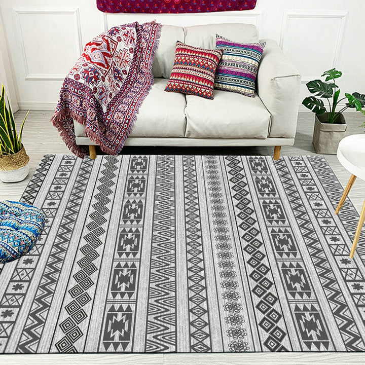 BowLift | Southwest Living Room Rug in Gray Stripe Flower Geometry Print Rug Polyester Non-Slip Back Area Rug