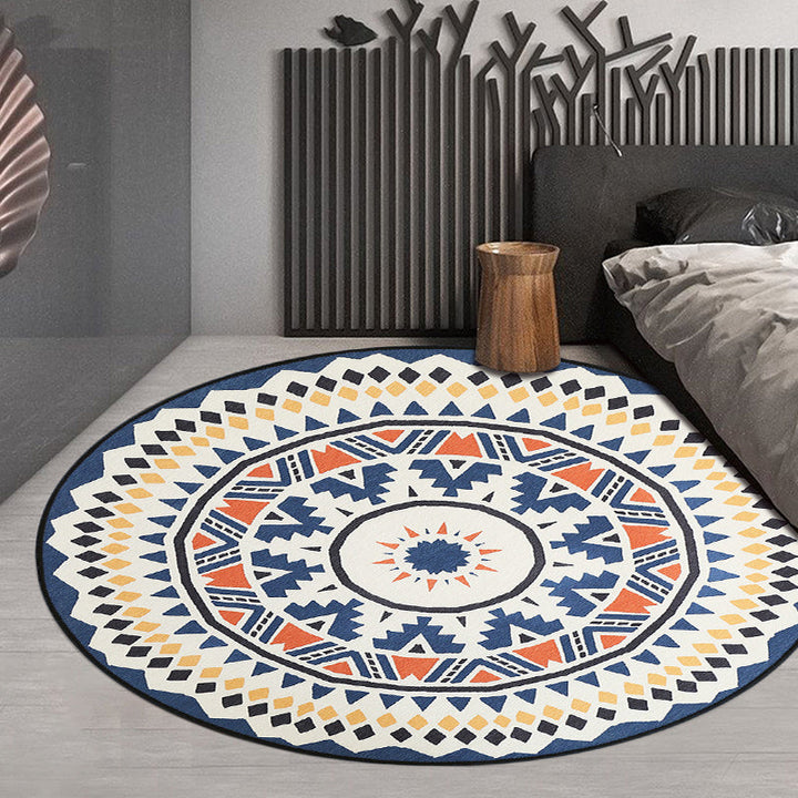BowLift | Southwest Living Area Rug in Ivory Circle Diamond Triangle Print Rug Polyester Washable Non-Slip Rug