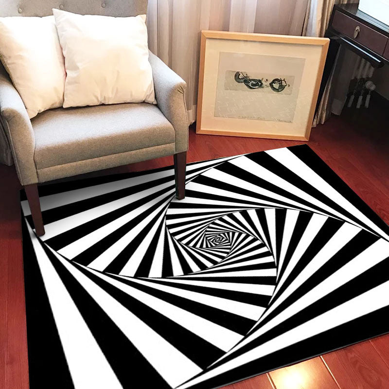 BowLift | Novelty Living Room Rug in Black and White 3D Stripe Pattern Rug Polyester Non-Slip Machine Washable Rug