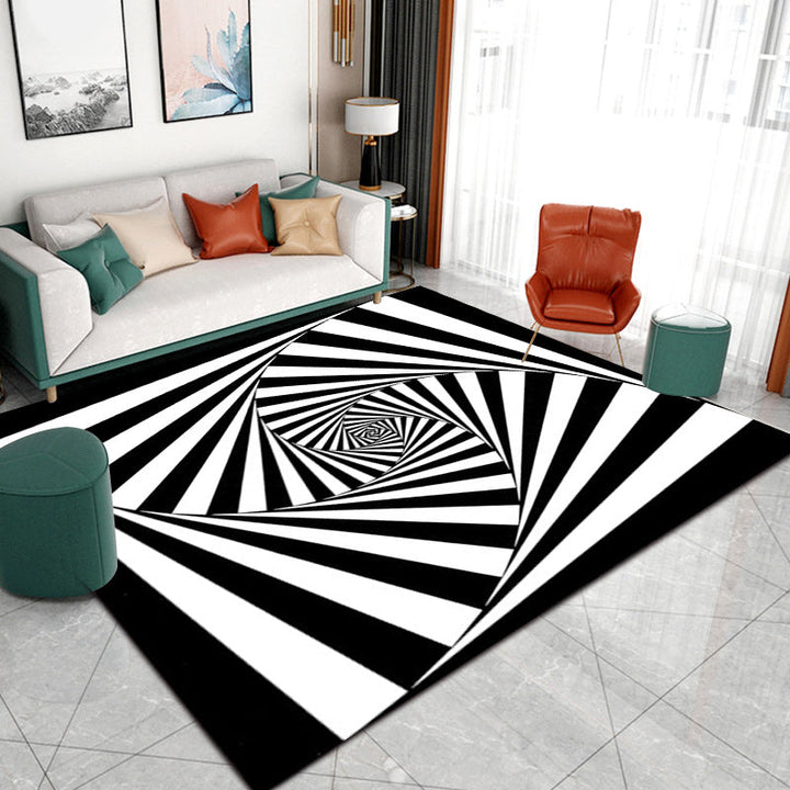 BowLift | Novelty Living Room Rug in Black and White 3D Stripe Pattern Rug Polyester Non-Slip Machine Washable Rug