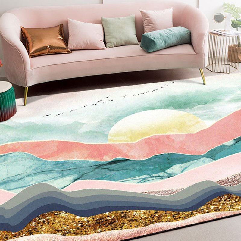 BowLift | Novelty Living Room Carpet Colorful Mountain Sun Bird Print Carpet Polyester Pet Friendly Stain Resistant Area Rug