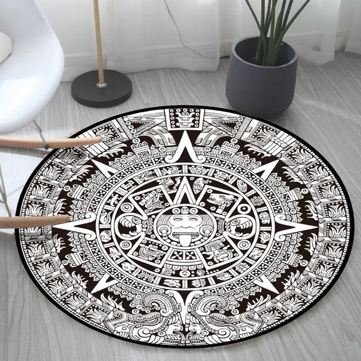 BowLift | Black-white Bedroom Carpet Southwestern Tribal Circle Design Carpet Polyester Non-slip Washable Carpet