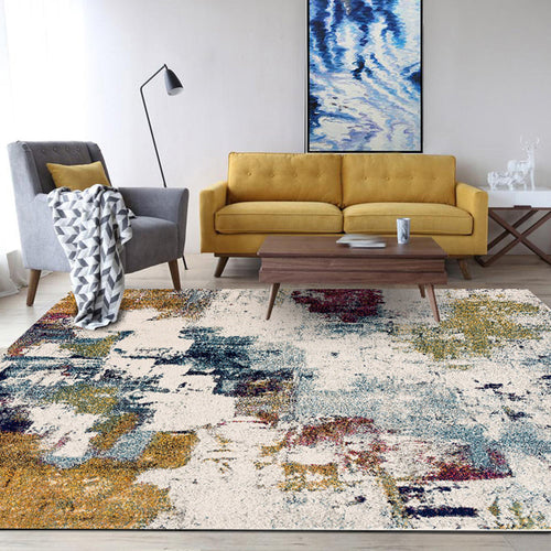 Ivory Bedroom Rug Modern Abstract Oil Painting Pattern Rug Polyester Stain Resistant Machine Washable Rug | Bowlift