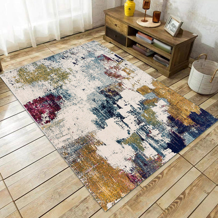 Ivory Bedroom Rug Modern Abstract Oil Painting Pattern Rug Polyester Stain Resistant Machine Washable Rug | Bowlift